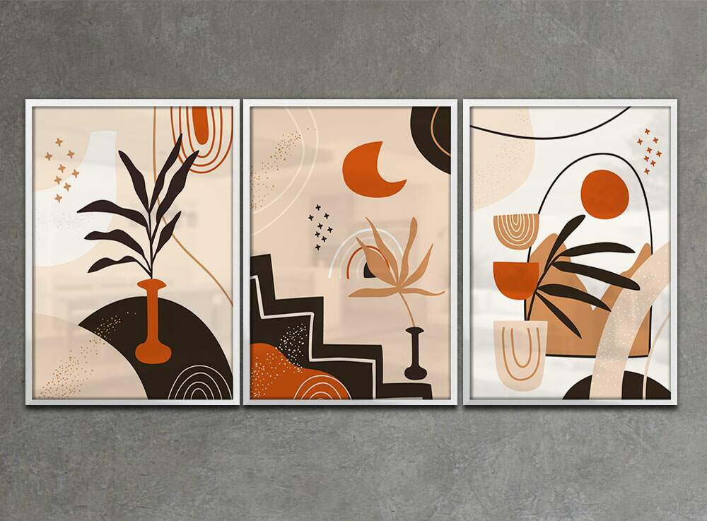 Kit 3 Quadros Decorativos Abstrato Laranja e Preto