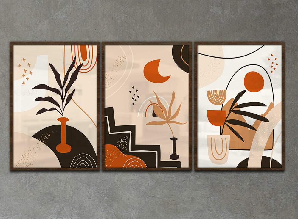 Kit 3 Quadros Decorativos Abstrato Laranja e Preto