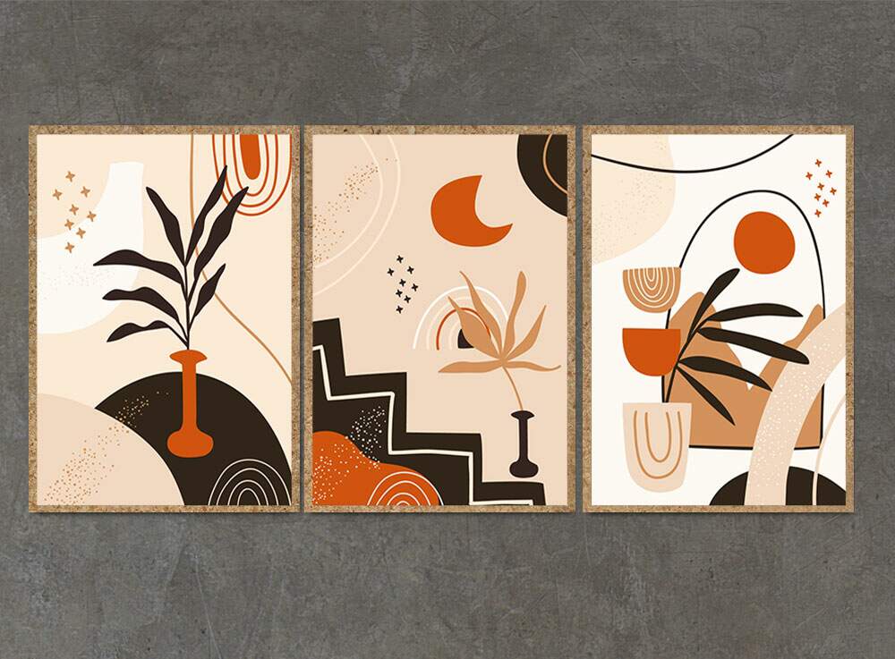 Kit 3 Quadros Decorativos Abstrato Laranja e Preto