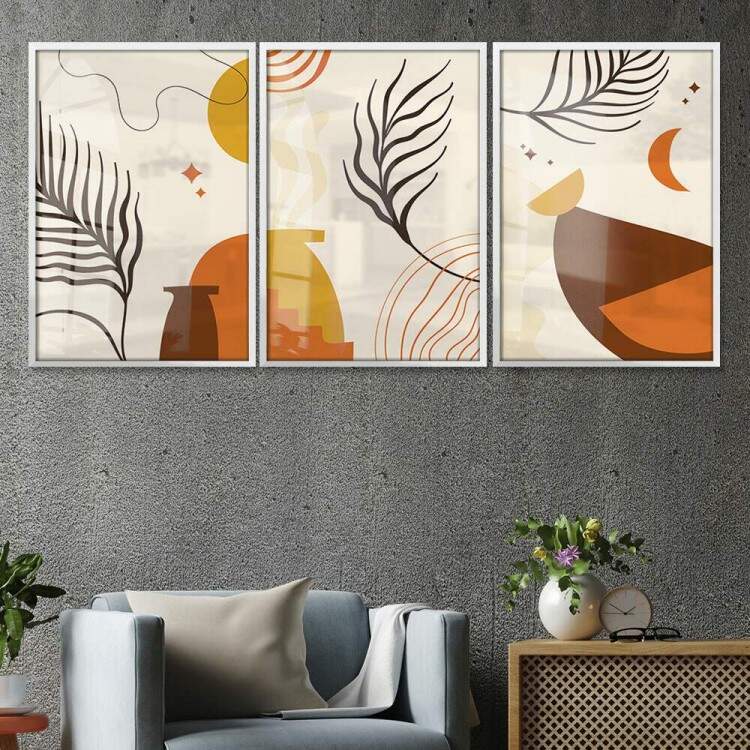 Kit 3 Quadros Decorativos Abstrato Folhagens Soltas