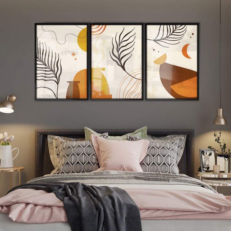 Kit 3 Quadros Decorativos Abstrato Folhagens Soltas