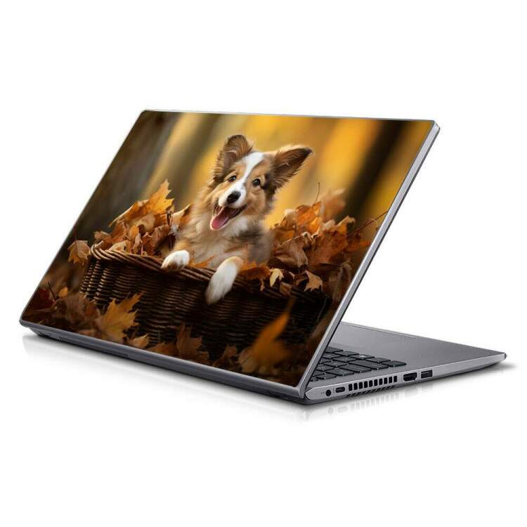 Adesivo para Notebook Filhote Collie Brincando em Folhas