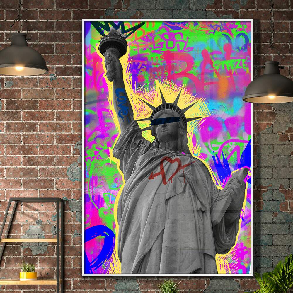 Quadro Decorativo Arte de Colagem Colorida com Est�tua da Liberdade