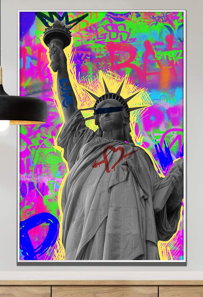 Quadro Decorativo Arte de Colagem Colorida com Est�tua da Liberdade