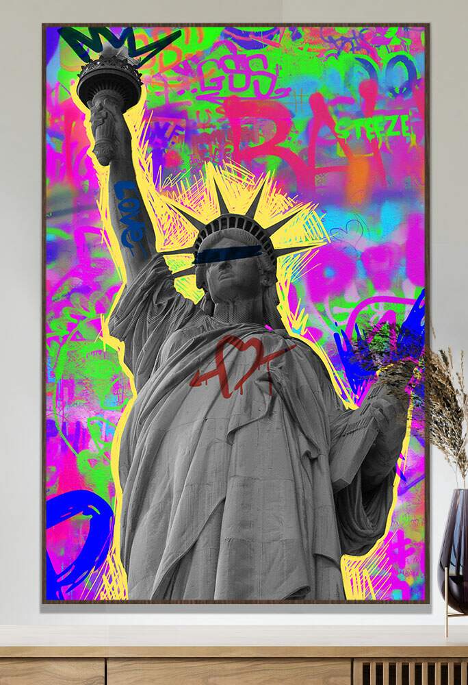 Quadro Decorativo Arte de Colagem Colorida com Est�tua da Liberdade