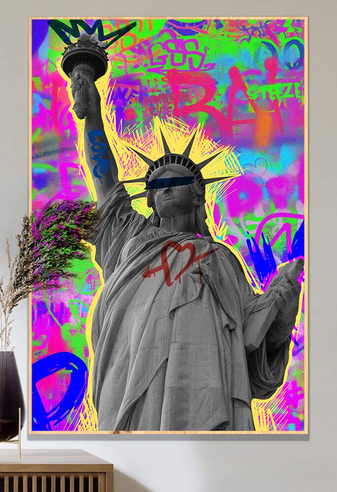 Quadro Decorativo Arte de Colagem Colorida com Est�tua da Liberdade