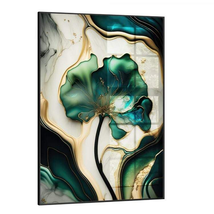 Quadro Decorativo Flor Verde com Efeito de Tinta e com Detalhes de Mrmore