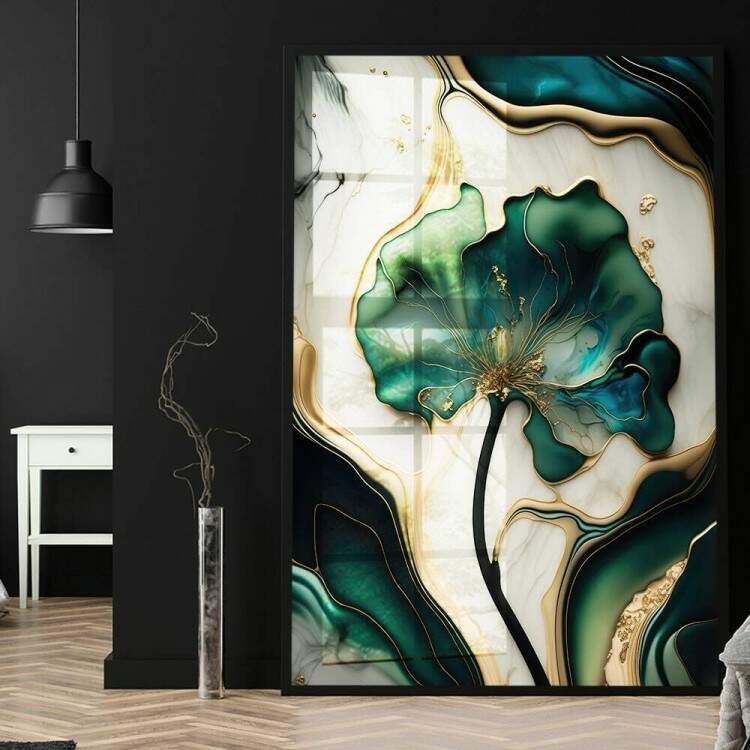 Quadro Decorativo Flor Verde com Efeito de Tinta e com Detalhes de Mrmore