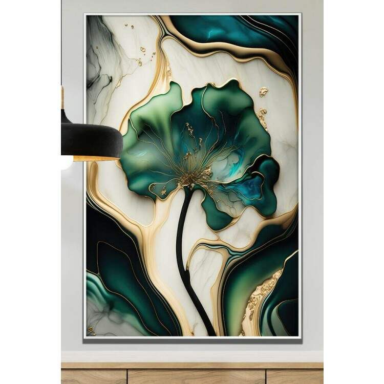 Quadro Decorativo Flor Verde com Efeito de Tinta e com Detalhes de Mrmore