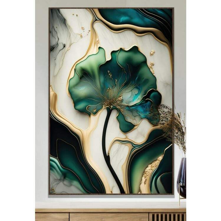 Quadro Decorativo Flor Verde com Efeito de Tinta e com Detalhes de Mrmore