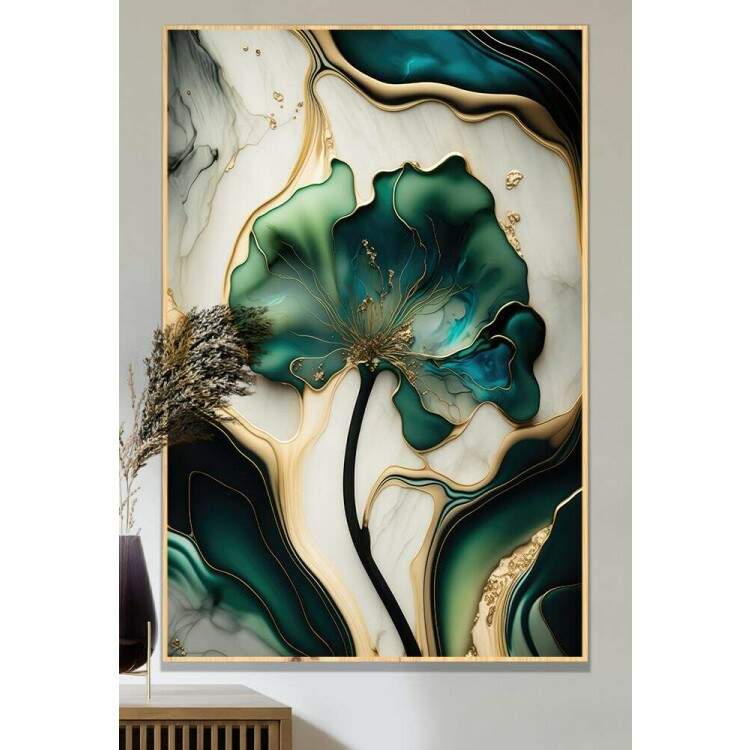 Quadro Decorativo Flor Verde com Efeito de Tinta e com Detalhes de Mrmore