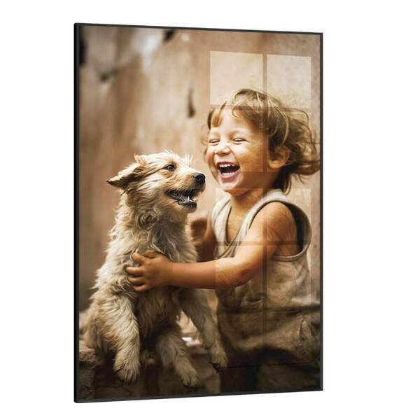 Quadro Decorativo Criana Feliz Brincando com Cachorro