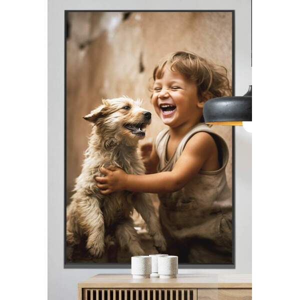 Quadro Decorativo Criana Feliz Brincando com Cachorro