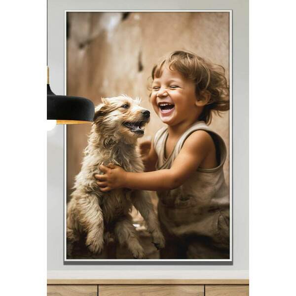Quadro Decorativo Criana Feliz Brincando com Cachorro