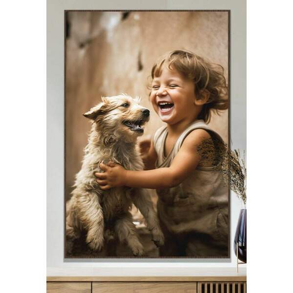 Quadro Decorativo Criana Feliz Brincando com Cachorro