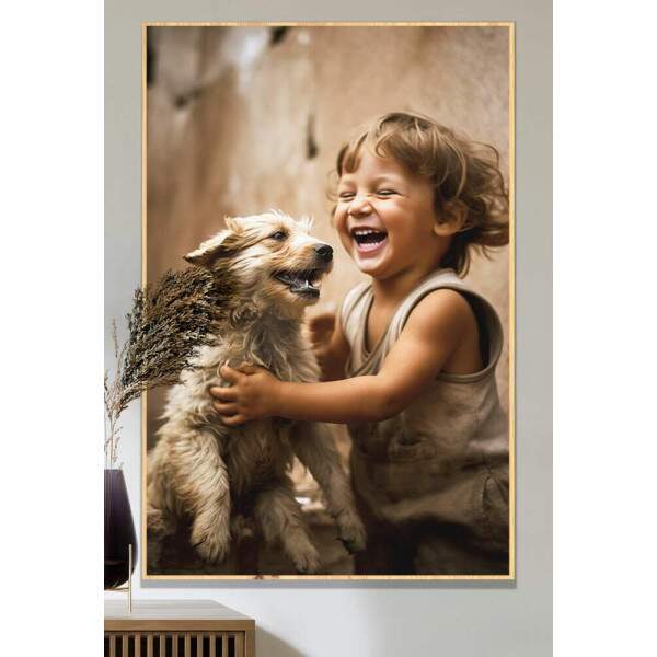 Quadro Decorativo Criana Feliz Brincando com Cachorro