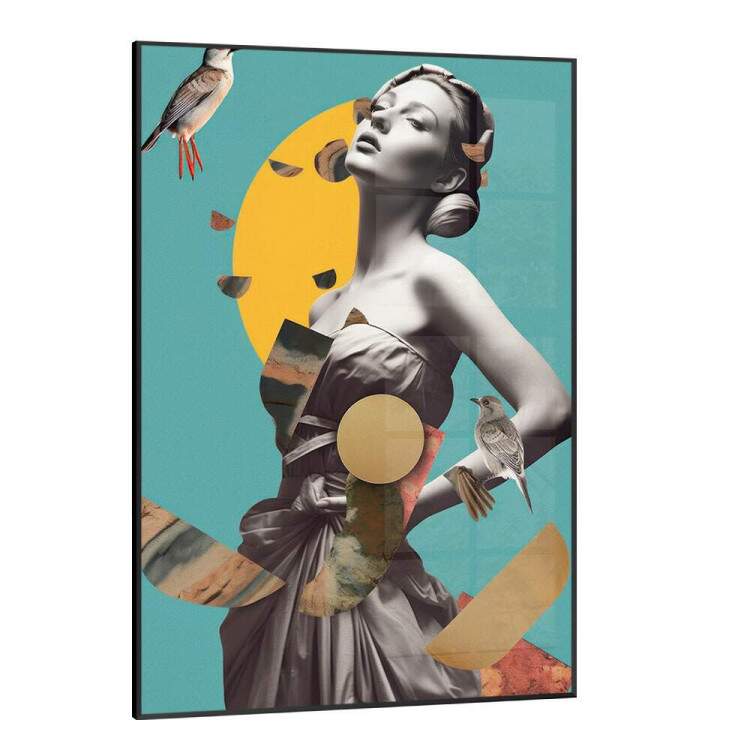 Quadro Decorativo Collage Flower de Mulher com Detalhe Amarelo