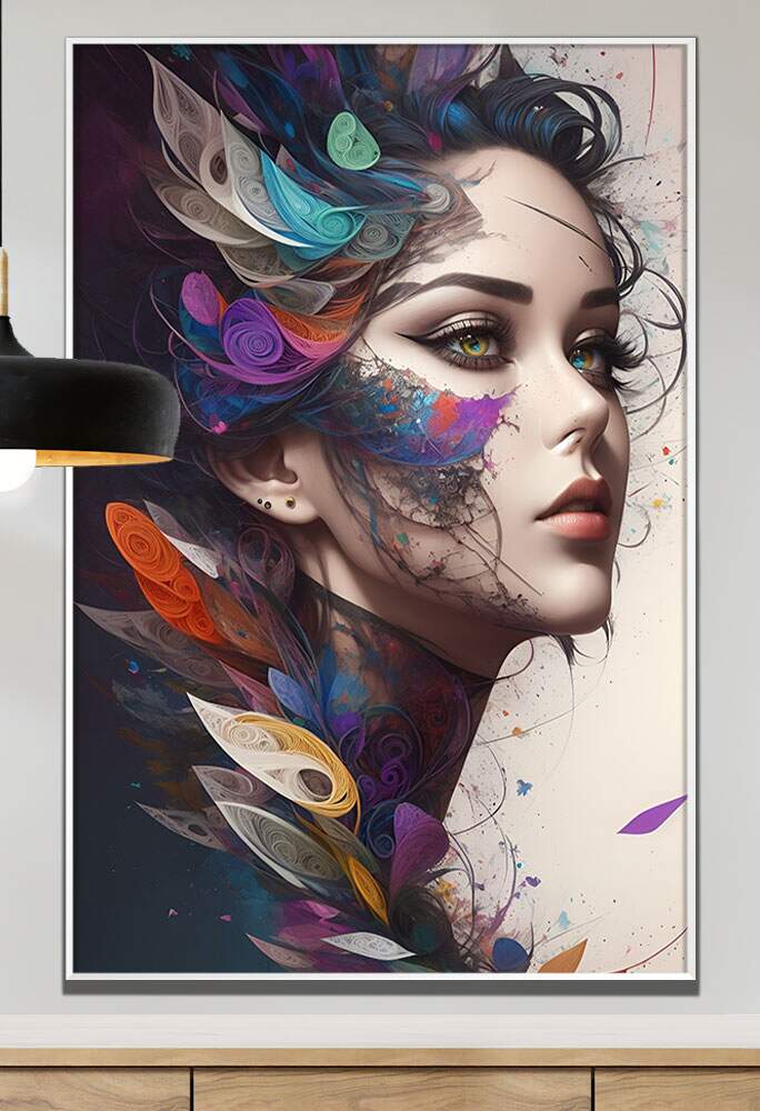 Quadro Decorativo Art�stico Estilo Abstrato Rosto de Mulher com Detalhes Coloridos