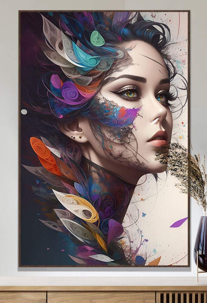 Quadro Decorativo Art�stico Estilo Abstrato Rosto de Mulher com Detalhes Coloridos