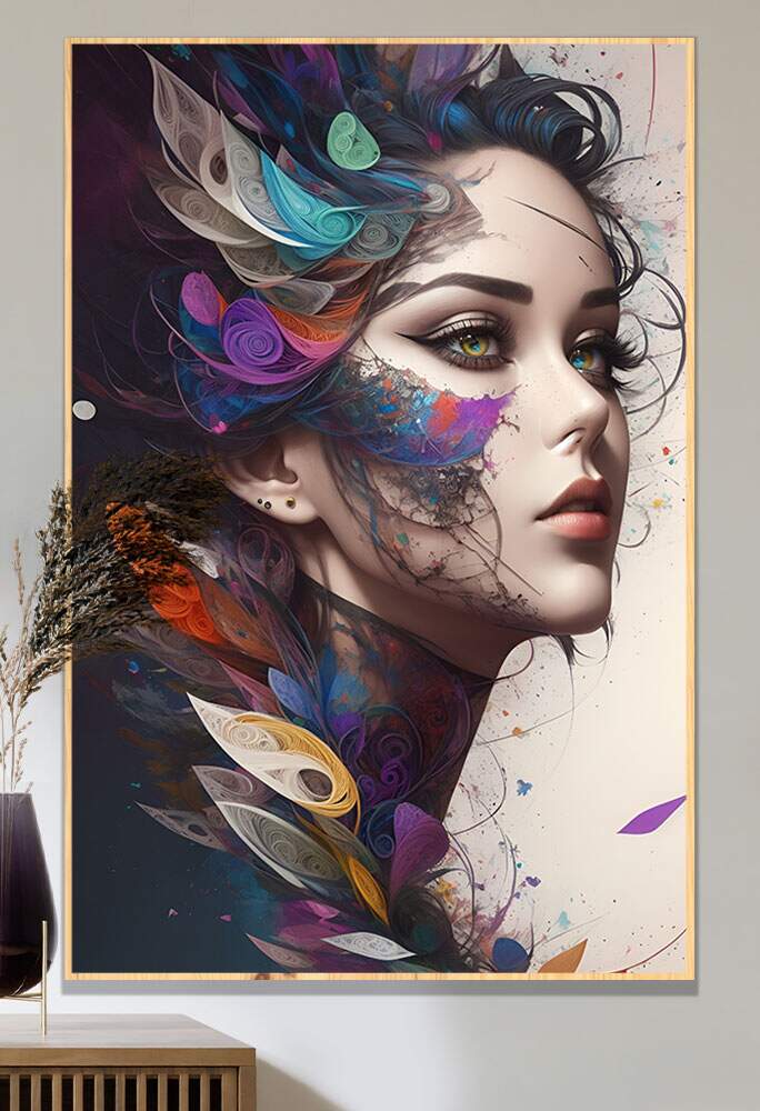 Quadro Decorativo Art�stico Estilo Abstrato Rosto de Mulher com Detalhes Coloridos