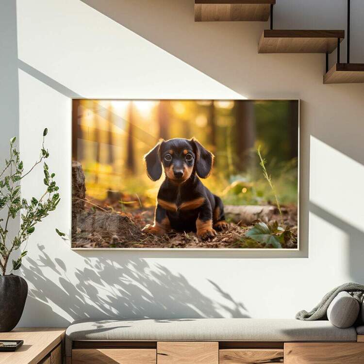 Quadro Decorativo Co Filhote Salsicha em Floresta