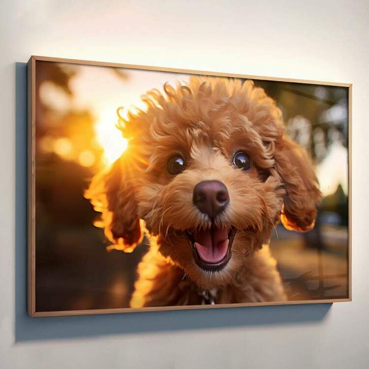 Quadro Decorativo Co Filhote Poodle Caramelo e Pr do Sol