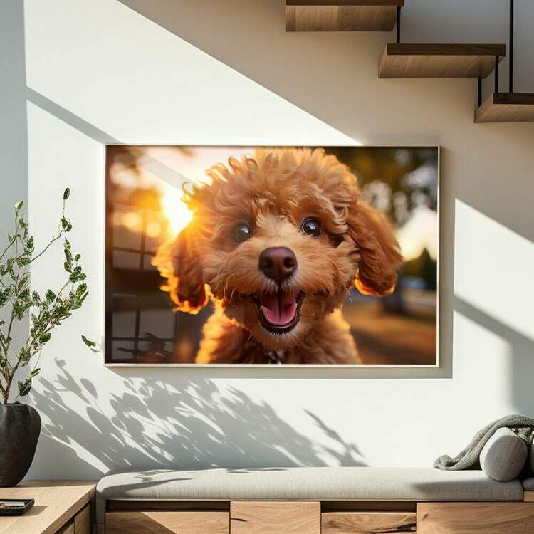 Quadro Decorativo Co Filhote Poodle Caramelo e Pr do Sol