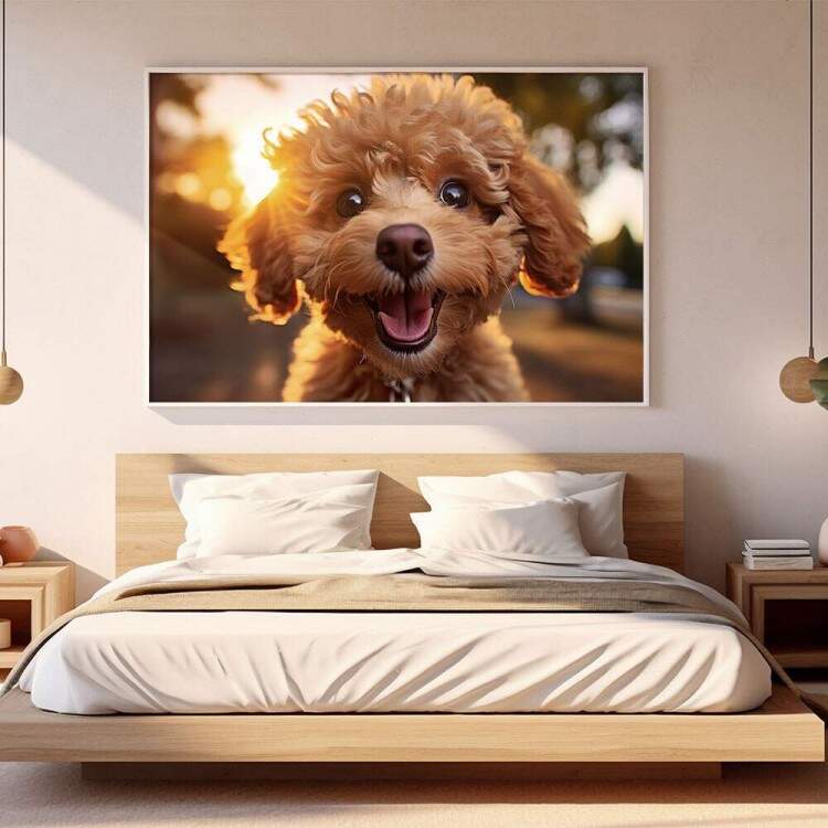 Quadro Decorativo Co Filhote Poodle Caramelo e Pr do Sol