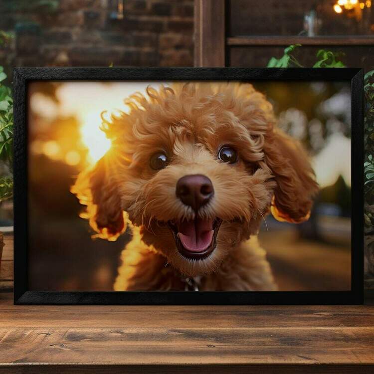 Quadro Decorativo Co Filhote Poodle Caramelo e Pr do Sol