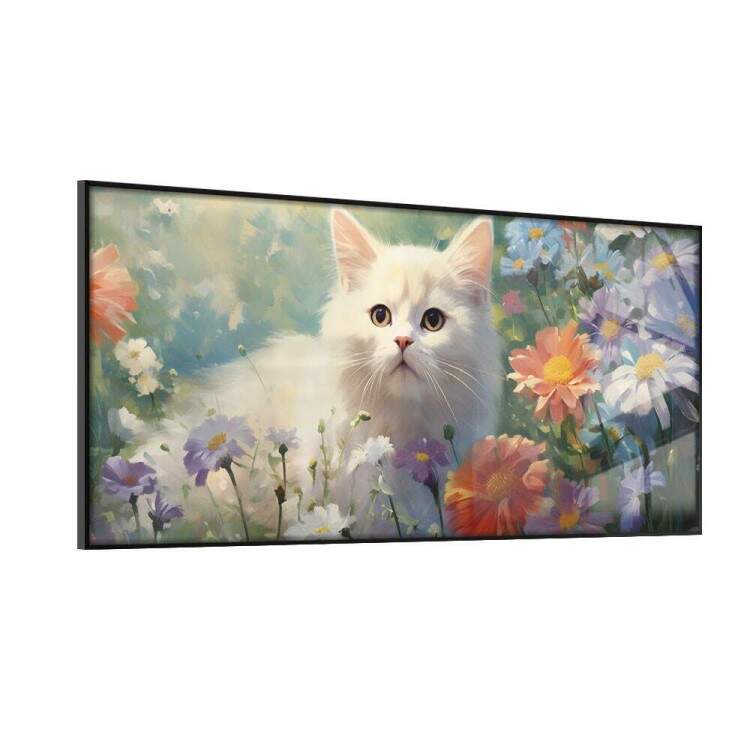 Quadro Decorativo Slim Gatinho Branco em Lindo Jardim