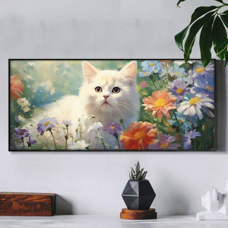 Quadro Decorativo Slim Gatinho Branco em Lindo Jardim