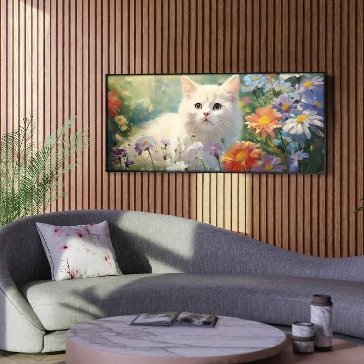 Quadro Decorativo Slim Gatinho Branco em Lindo Jardim