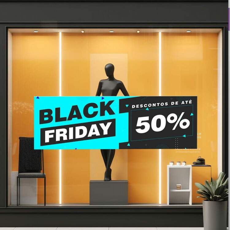 Adesivo de Parede Para Vitrine de Black Friday At 50% Azul e Preto