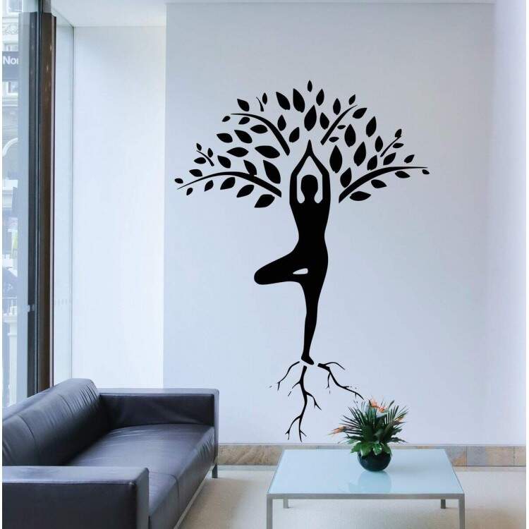 Adesivo de Parede Mulher Praticando Yoga com Ilustrao de rvore e Razes