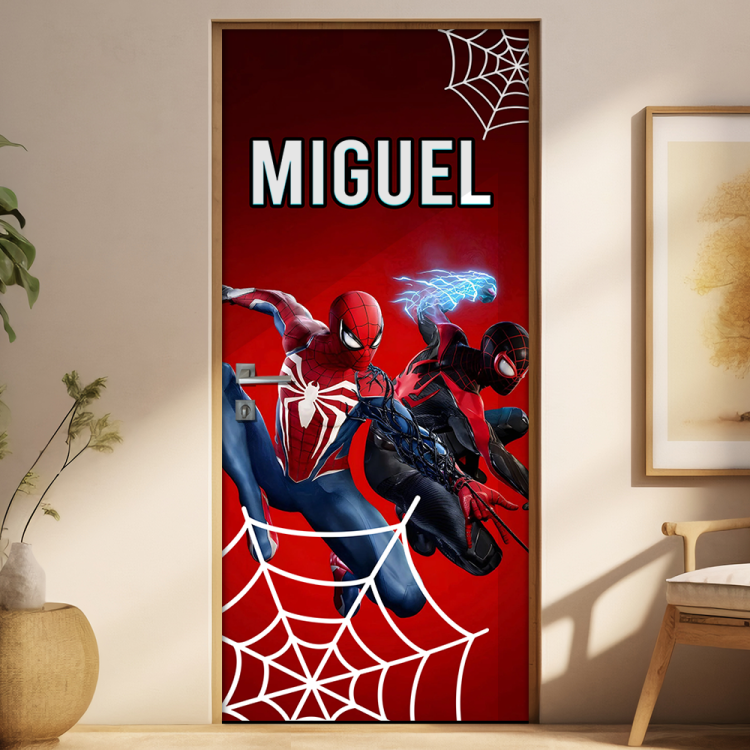 Adesivo para Porta Homem Aranha com Nome Fundo Vermelho