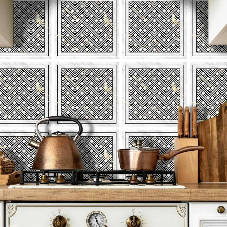 Adesivos de Azulejos Ladrilhos Cartela Mrmore Branco com Detalhe Preto e Dourado