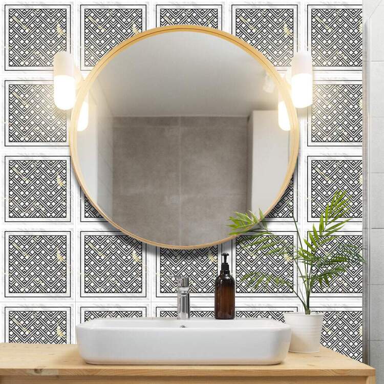 Adesivos de Azulejos Ladrilhos Cartela Mrmore Branco com Detalhe Preto e Dourado