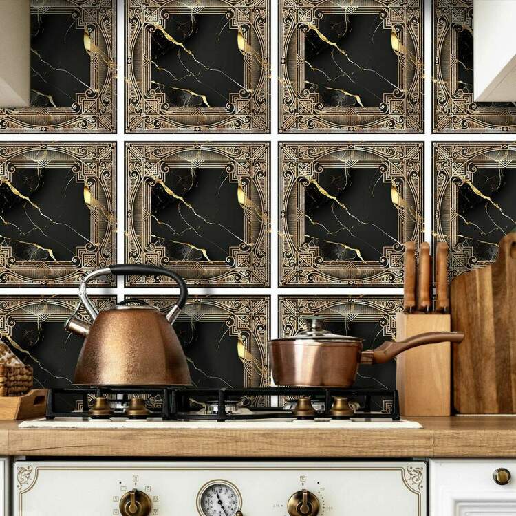 Adesivos de Azulejos Ladrilhos Cartela Pedras com Detalhe Preto e Dourado