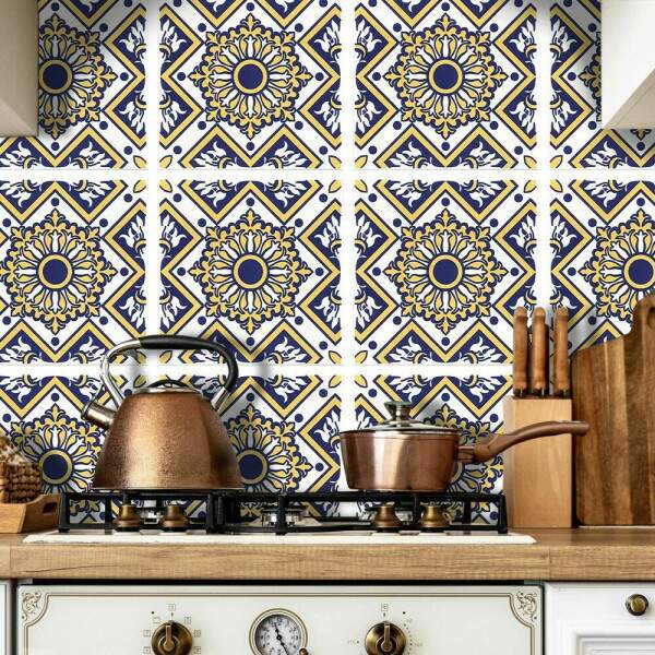 Adesivos de Azulejos Ladrilhos Cartela Abstrato Azul e Amarelo