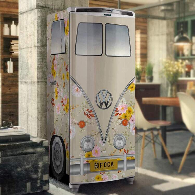 Envelopamento de Geladeira Kombi Estilo Floral Fundo Bege