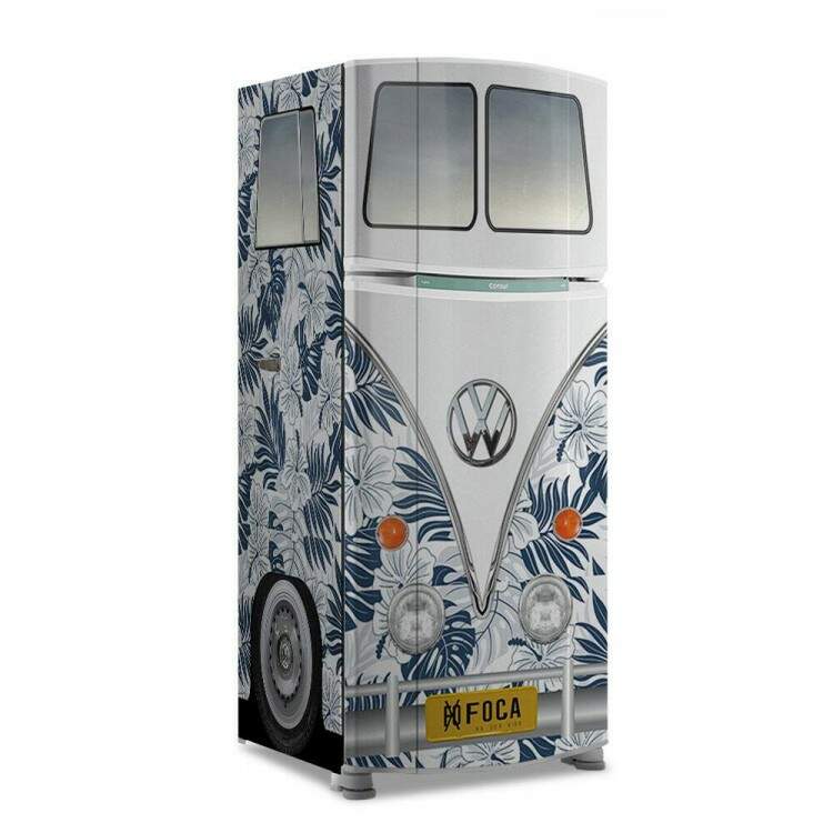 Envelopamento de Geladeira Kombi Estilo Azul Floral Tropical