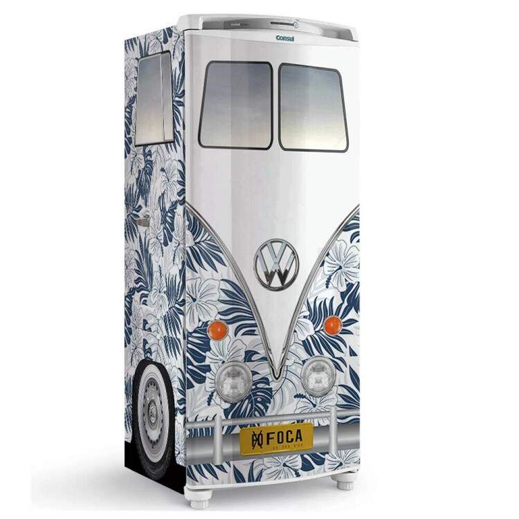 Envelopamento de Geladeira Kombi Estilo Azul Floral Tropical