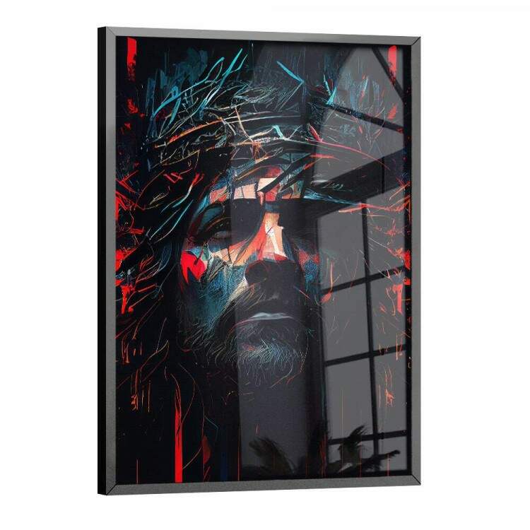 Quadro Decorativo Jesus com Coroa em Tons de Azul