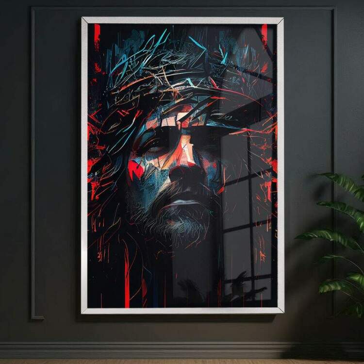 Quadro Decorativo Jesus com Coroa em Tons de Azul