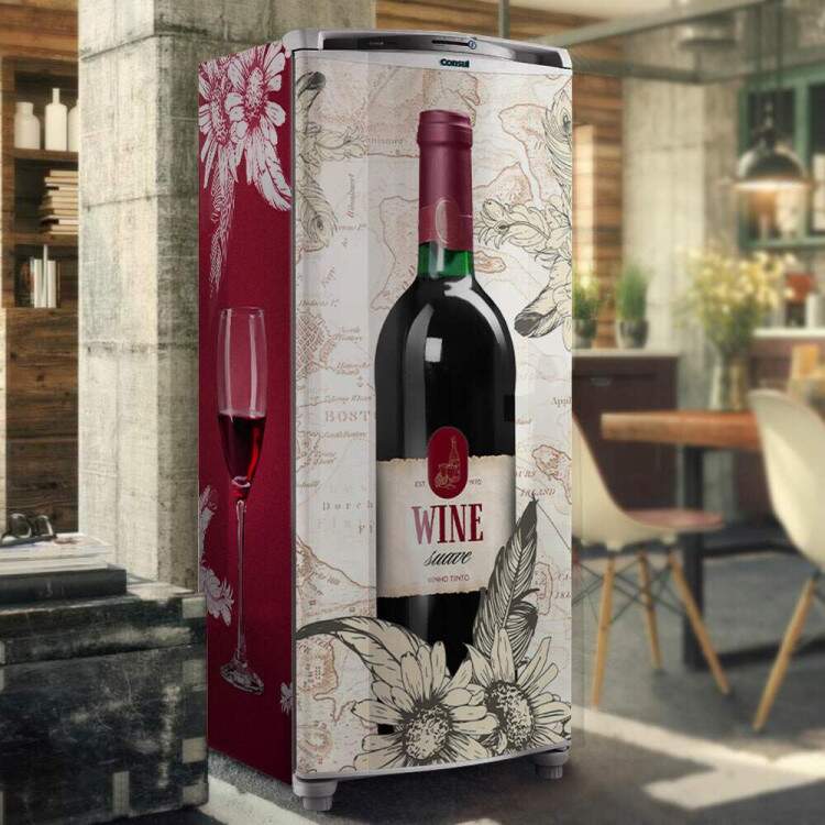 Envelopamento de Geladeira Garrafa de Vinho e Flores