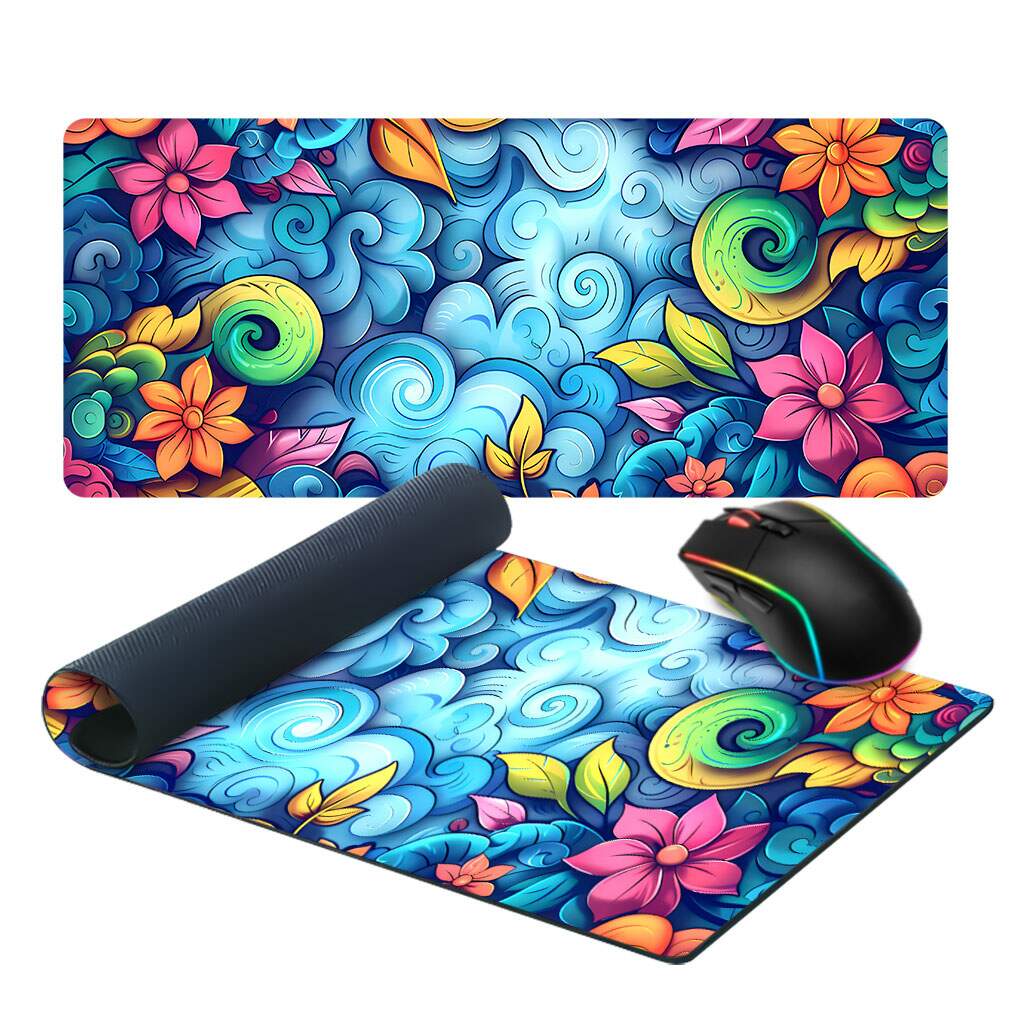 Mouse Pad 70x30cm Floral Abstrato Azul, Verde e Rosa