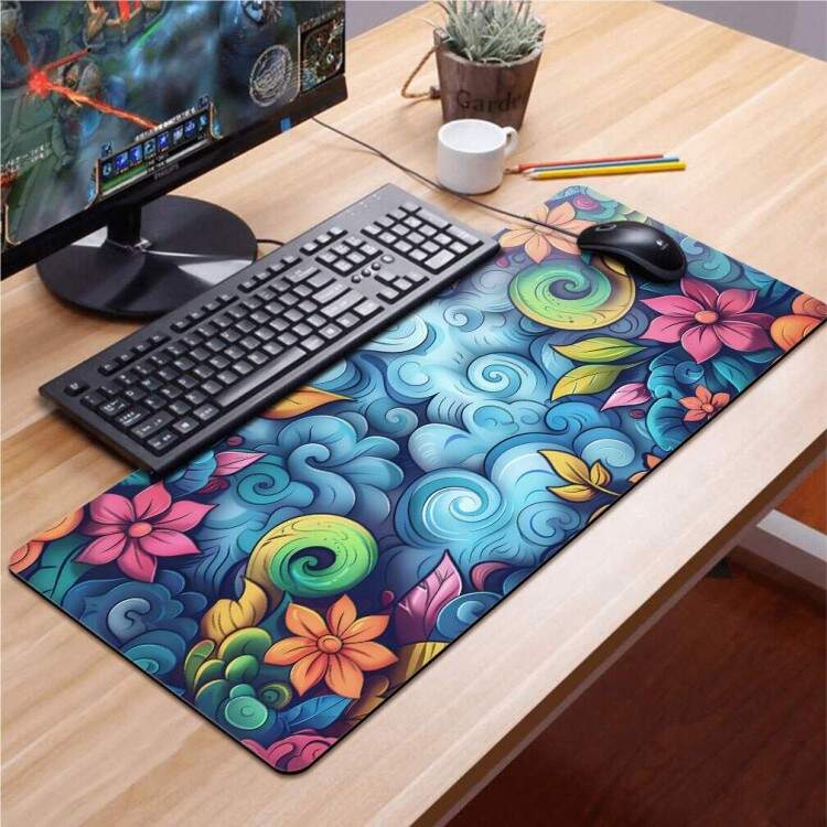 Mouse Pad 70x30cm Floral Abstrato Azul, Verde e Rosa
