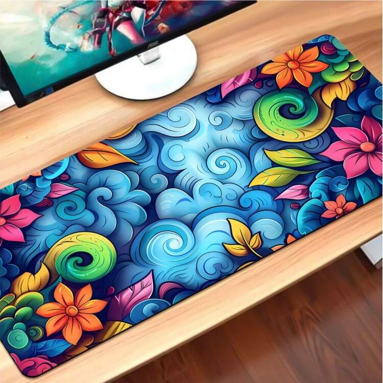 Mouse Pad 70x30cm Floral Abstrato Azul, Verde e Rosa