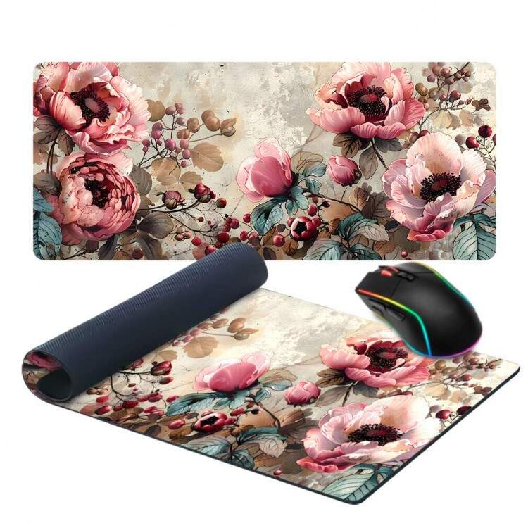 Mouse Pad 70x30cm Floral Delicado Rosa e Marrom