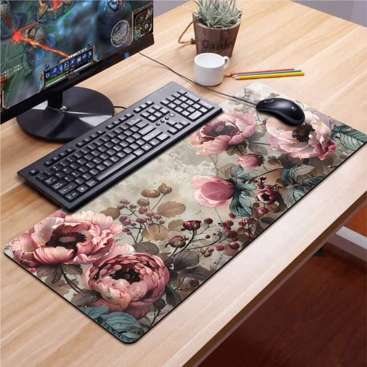 Mouse Pad 70x30cm Floral Delicado Rosa e Marrom